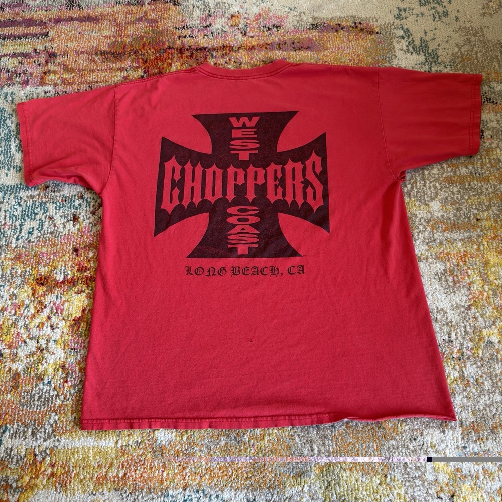 Vintage West Coast Choppers T-Shirt XL Red Long Beach Iron Cross Graphic Y2K